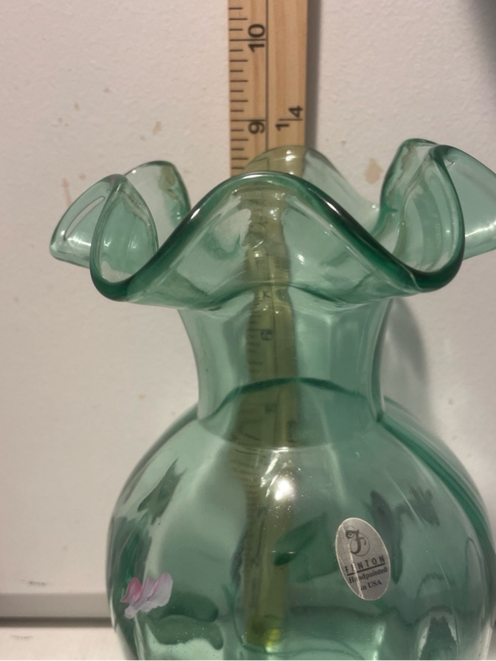 Fenton Hand-Painted and Artist signed Teal Green Glass Vase - Picture 8 of 10